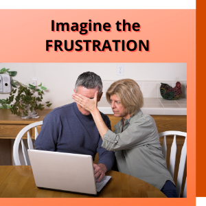 a frustrated man wo is trying to use his computer but can't see it because a woman has her hand covering his eyes. the caption says, imagine the frustration