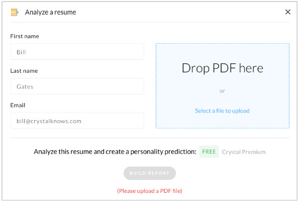 Crystal example of loading a resume, email, or document for personality assessment